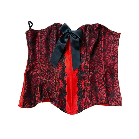 Frederick Of Hollywood Women Off The Shoulder Red & Black Floral Corset Size XL - Picture 1 of 5